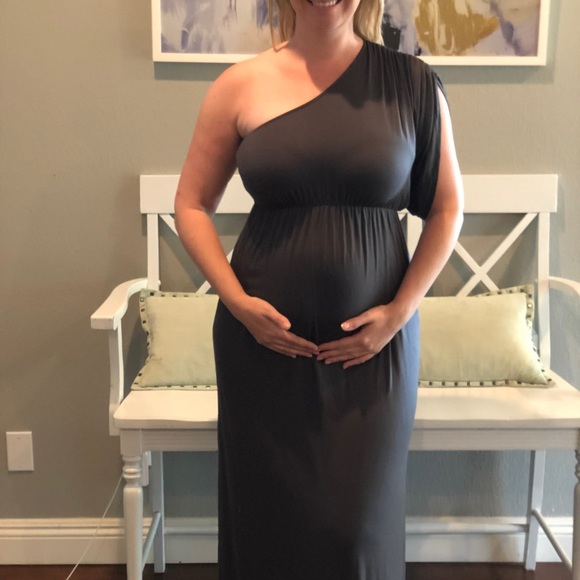 Dark charcoal grey maternity one shoulder dress - Picture 1 of 3